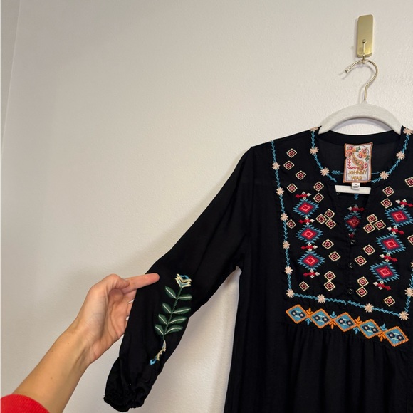 JOHNNY WAS BUTTON FRONT YOKE DRESS BLACK FLORAL EMBROIDERED SZ XS - Picture 7 of 11